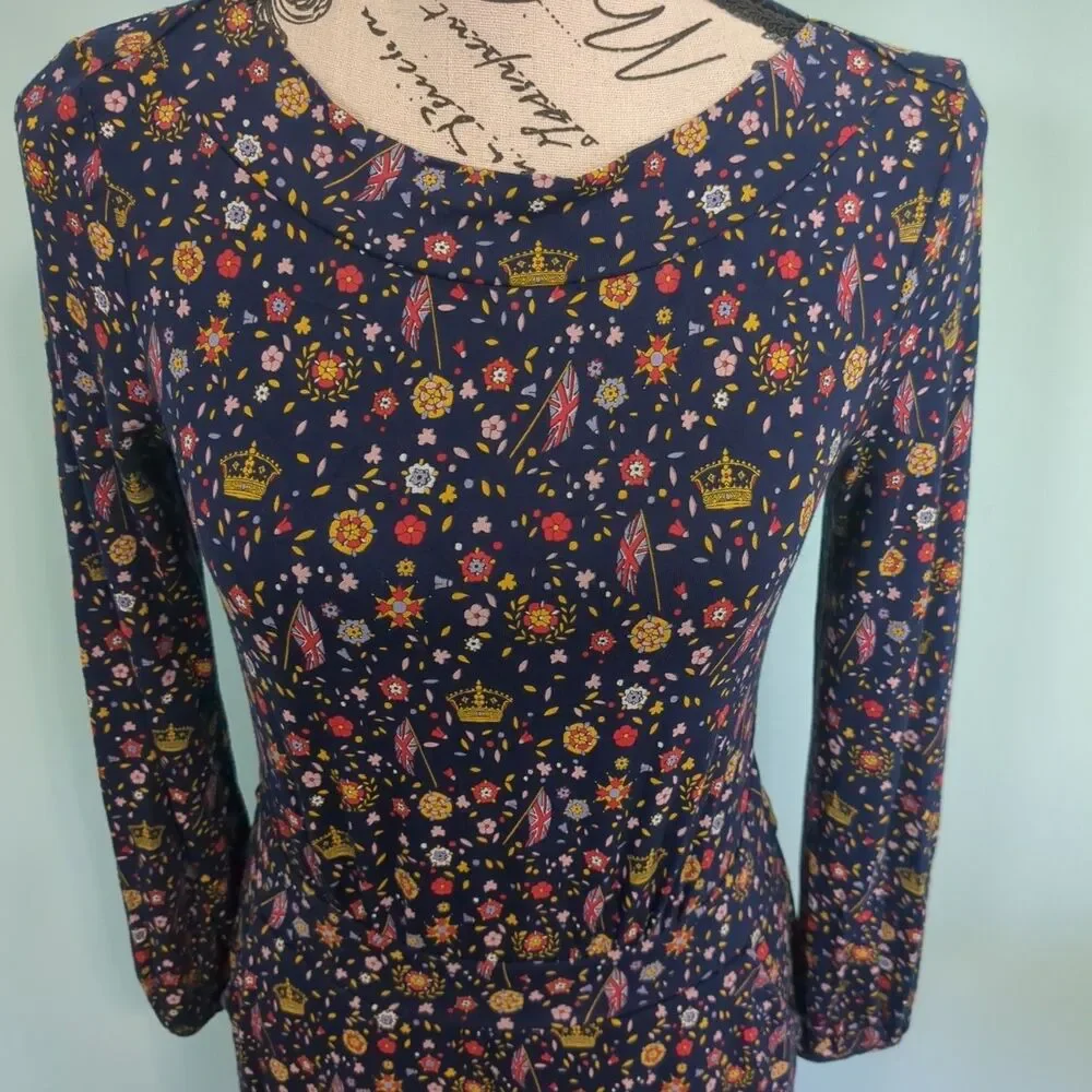 Boden Sasha Navy Blue Crown Flag Royal Print Jersey Midi Dress 4